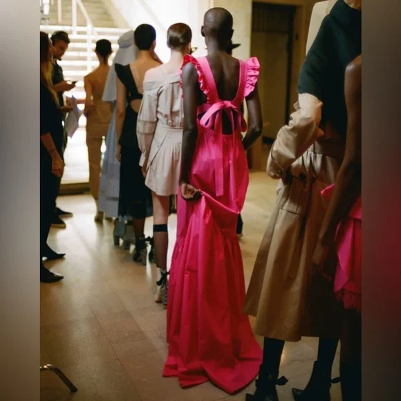 Self Portrait Ruffle Cotton Poplin Fuchsia Maxi Dress - Picture 2 of 8